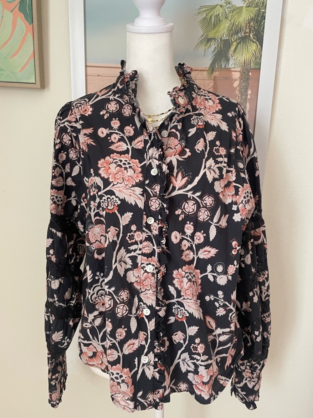 Anthropologie Love the Label Poplin Cotton Lace Button Down Floral Blouse Top M